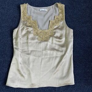 Badgley Mischka Tank Top Womens Small Beige Silk Beaded Square Neck Camisole